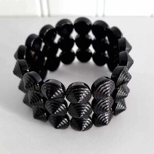 Vintage Jet Black Art Deco 3-row Stretch Ridged Round Pointed Beads Bracelet